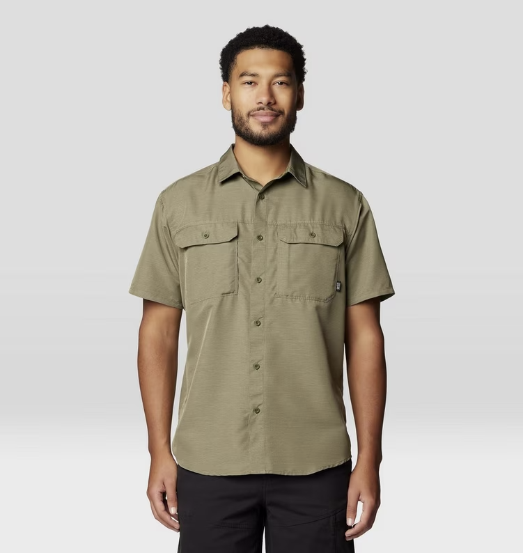 mountain hardwear mens canyon short sleeve shirt in stone green front view on a model