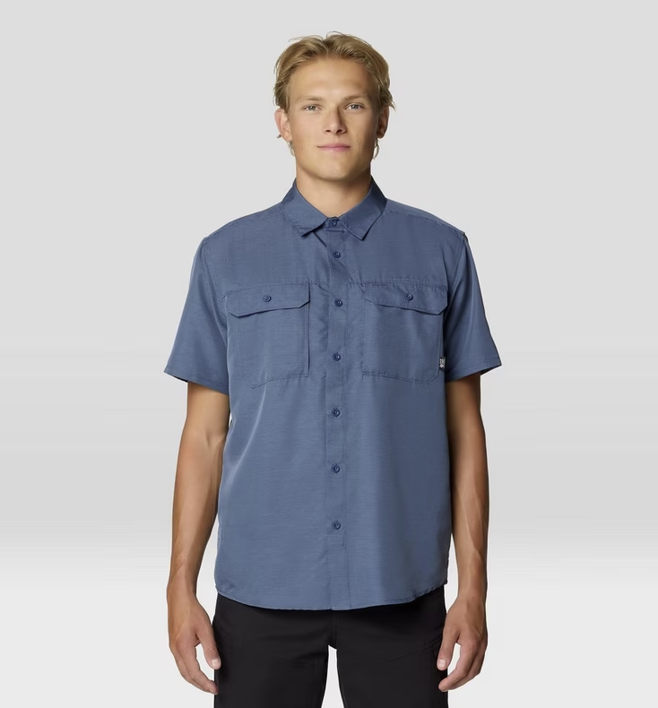 mountain hardwear mens canyon short sleeve shirt in zinc front view on a model