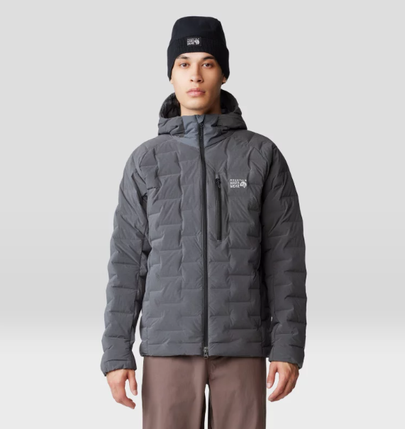 mens mountain hardwear stretch down hoody on a model in color volcanic heather front view