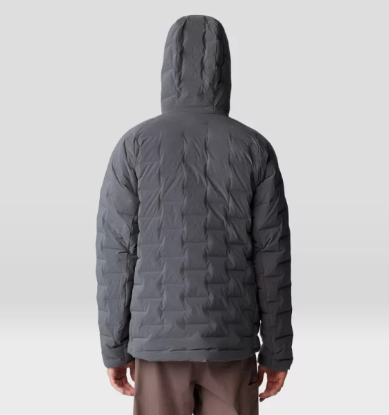 mens mountain hardwear stretch down hoody on a model in color volcanic heather back view