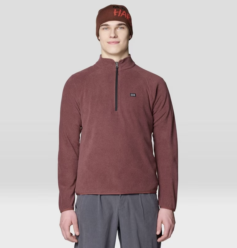 mountain hardwear mens microchill quarter zip on a model in brown heather front view