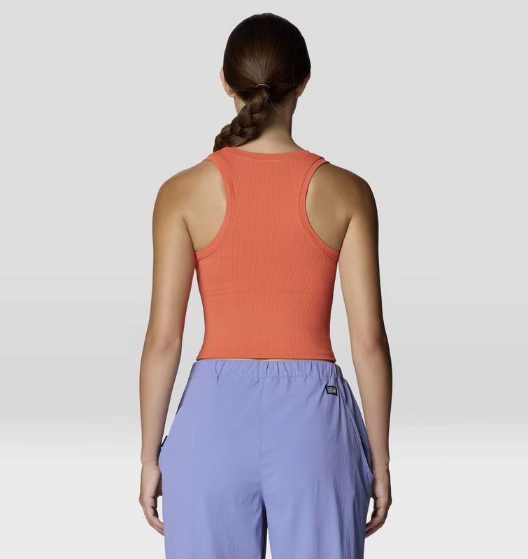 mountain hardwear peak knit tank on a model back view aspect orange