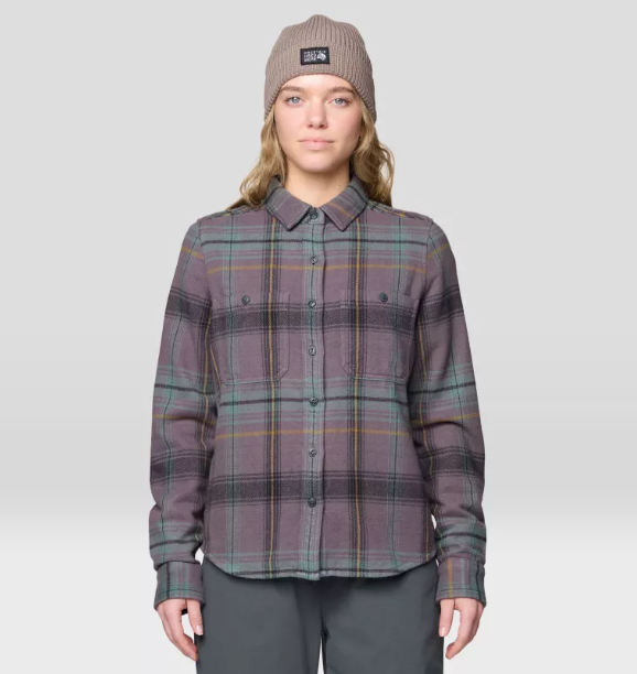 mountain hardwear womens plusher flannel on a model front view purple dusk