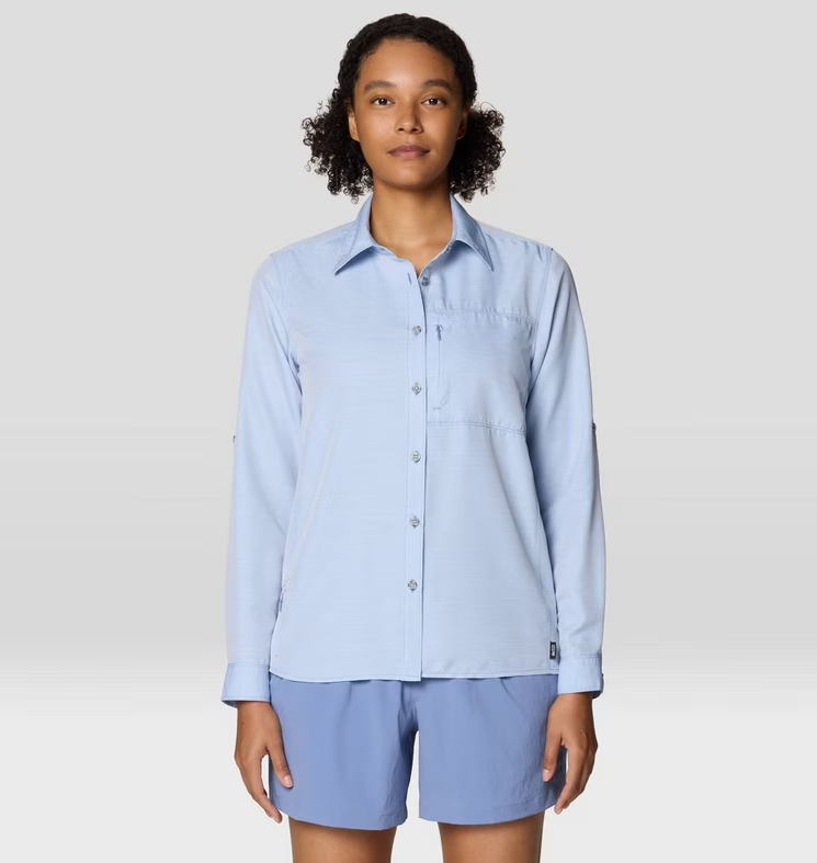 mountain hardwear womens canyon shirt in coast blue on a model
