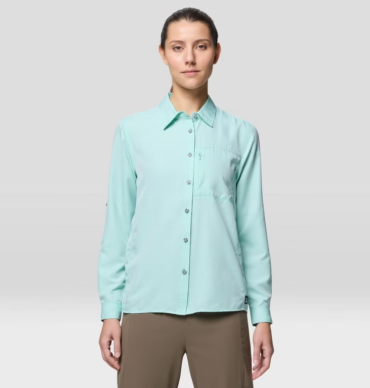 mountain hardwear womens canyon shirt in icy teal front view on a model