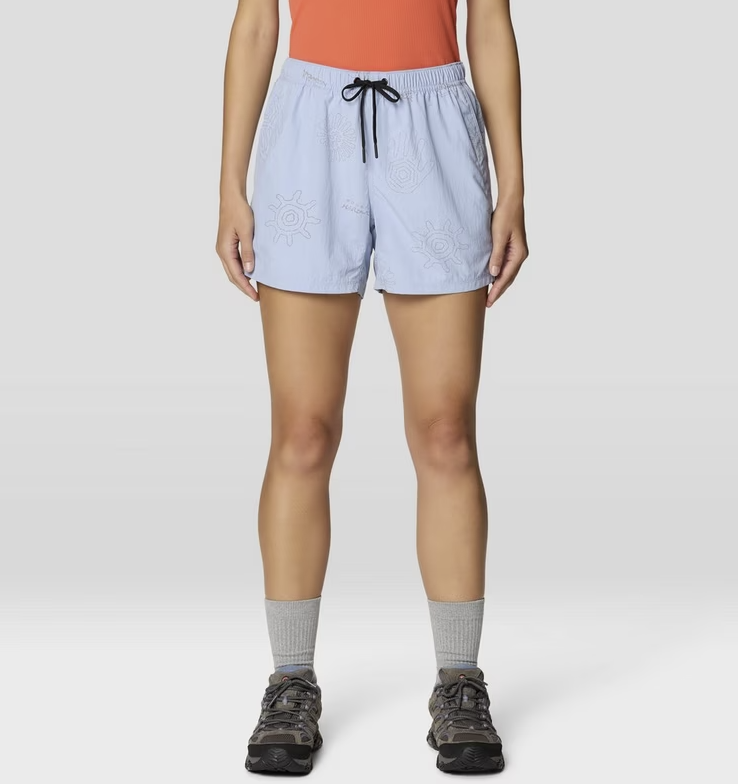 mountain hardwear womens stryder short in beach breeze print blue front view on a model