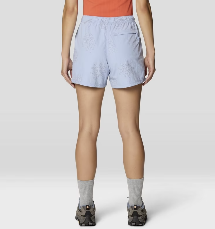 mountain hardwear womens stryder short in beach breeze print blue back view on a model