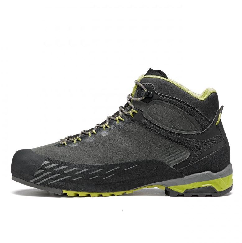 a photo of the asolo mens eldo mid leather goretex hiking boot in the color graphite green oasis, side view