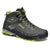 a photo of the asolo mens eldo mid leather goretex hiking boot in the color graphite green oasis, three quarter view