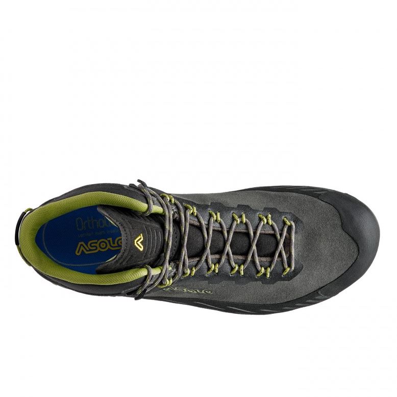 a photo of the asolo mens eldo mid leather goretex hiking boot in the color graphite green oasis, top view