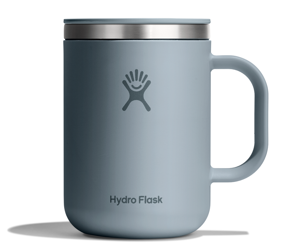 A Hydro Flask insulated mug in a muted slate blue color with a stainless steel lid and a matching blue silicone handle, shown on a white background.