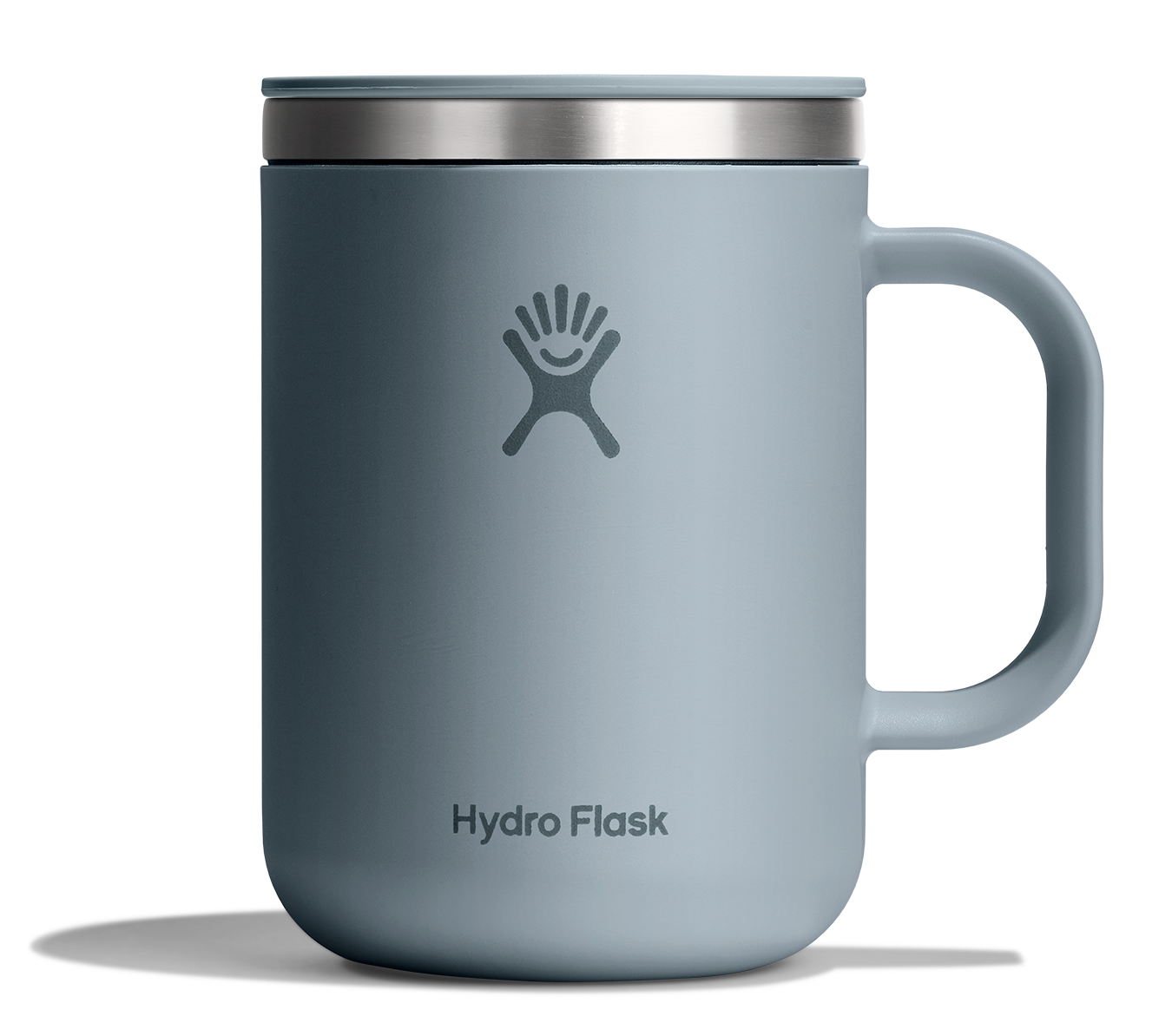 A Hydro Flask insulated mug in a muted slate blue color with a stainless steel lid and a matching blue silicone handle, shown on a white background.