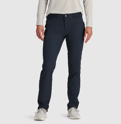 the outdoor research womens ferrosi pants in navy, front view on a model
