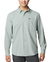 a model wearing the columbia mens silver ridge lite long sleeve shirt in the color niagara, front view