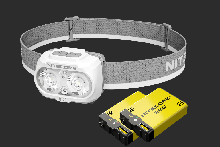 nitecore ut27 headlamp in white  with two batteries
