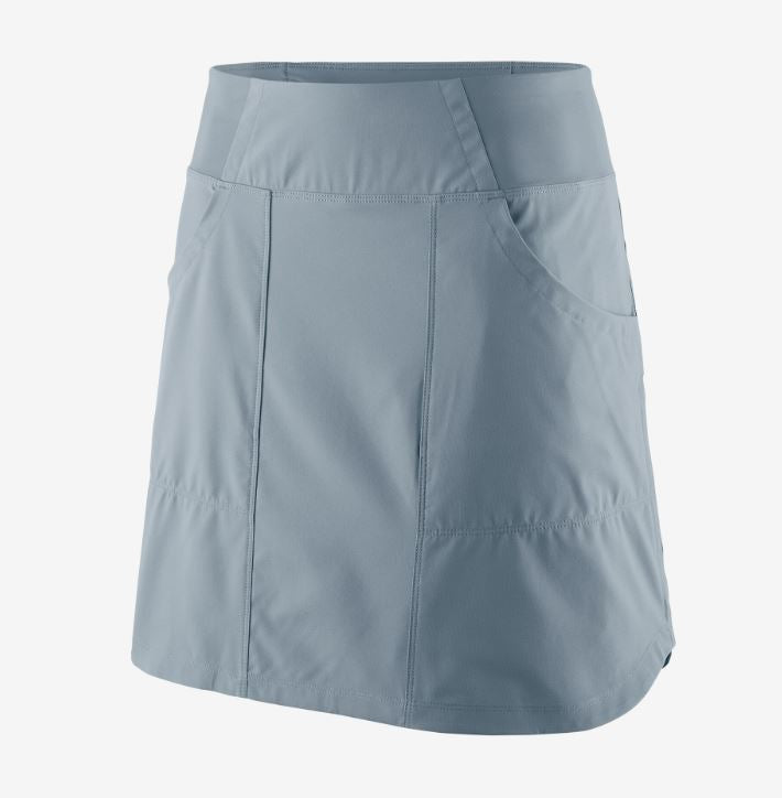 a photo of the patagonia womens tech skort in the color steam blue, front view
