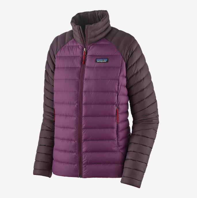 patagonia womens down sweater jacket in the color night plum, front view