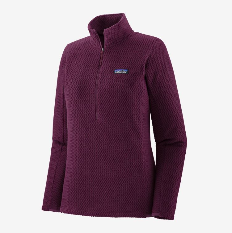 the patagonia r1 air zip neck in the color night plum, front view