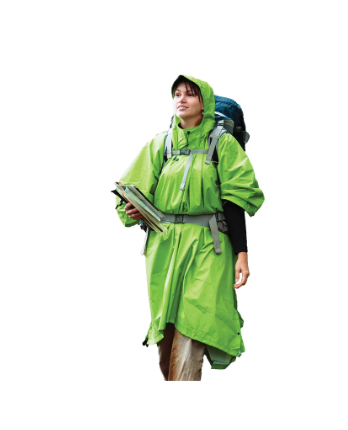 a woman wearing the sea to summit nylon tarp poncho with a backpack on