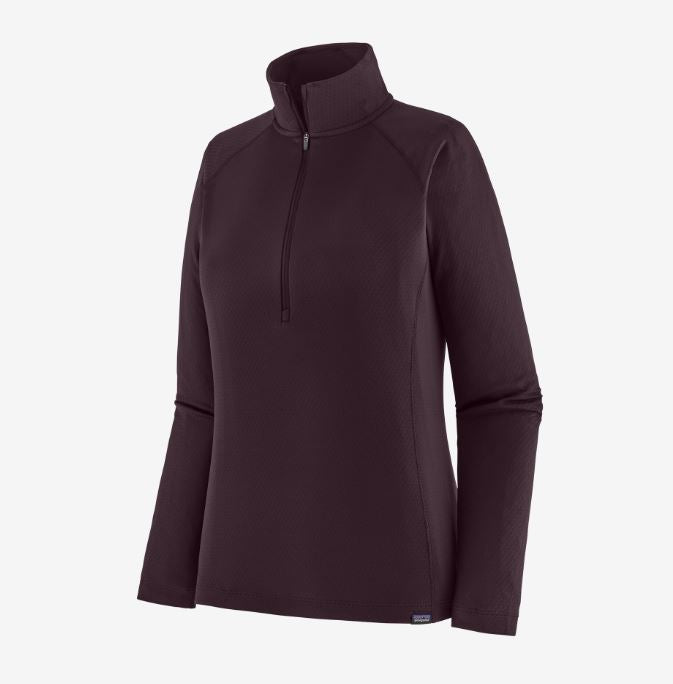 patagonia womens capilene midweight zip neck front view in the color obsidian plum