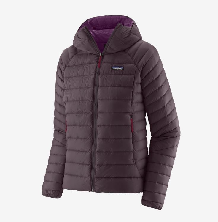 patagonia womens down sweater hoody in the color obsidian plum, front view