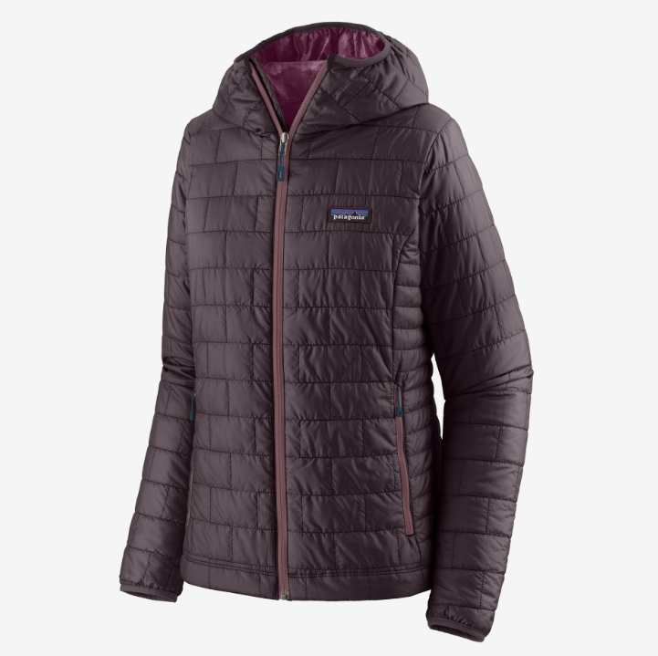 patagonia womens nano puff hoody in the color obsidian plum front view