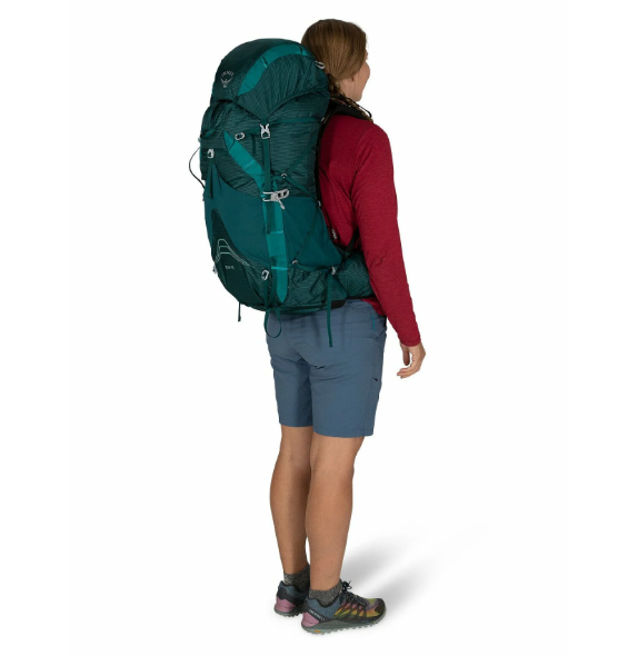 osprey eja 48 in teal back view on a model