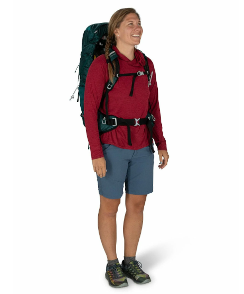 osprey eja 48 in teal front view on a model