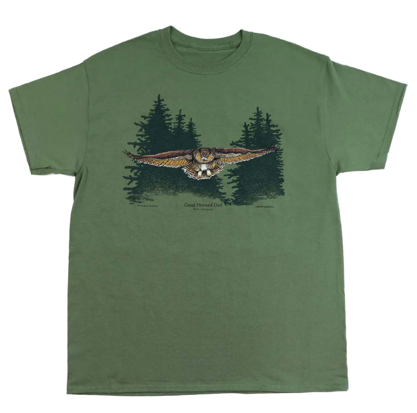 the liberty graphics tee owl in flight in olive