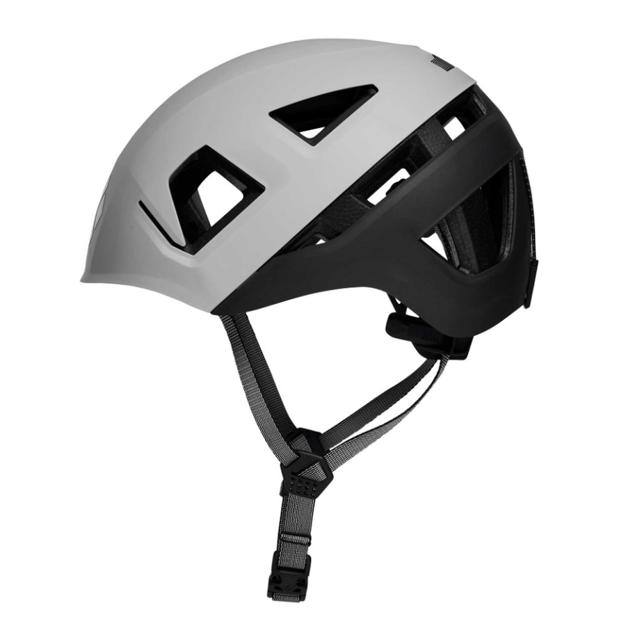 the black diamond capitan helmet in the color pewter, side view