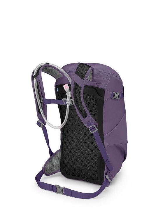 a photo of the osprey skimmer 20 backpack in purpurite purple, back view