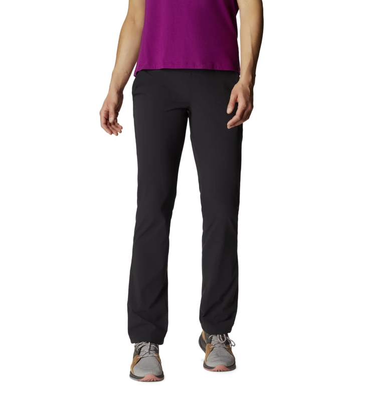 a model wearing the mountain hardwear dynama 2 pant womens in the color black, front view