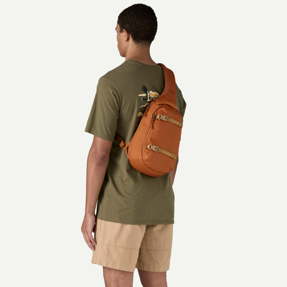 patagonia atom sling in robin brown on a model back view