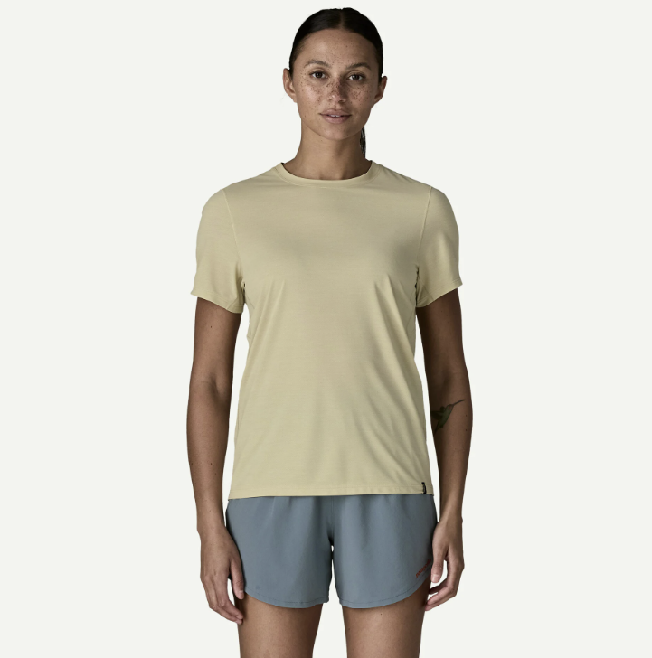 patagonia womens capilene cool ultra shirt in pumice dyno front view on a model