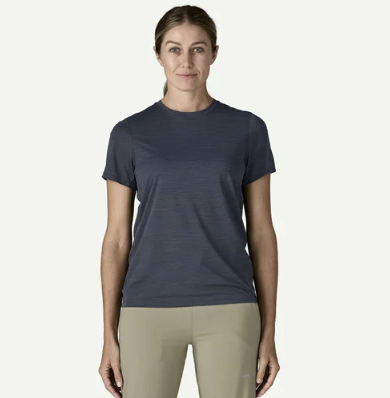 patagonia womens capilene cool ultra shirt in smolder blue front view on a model