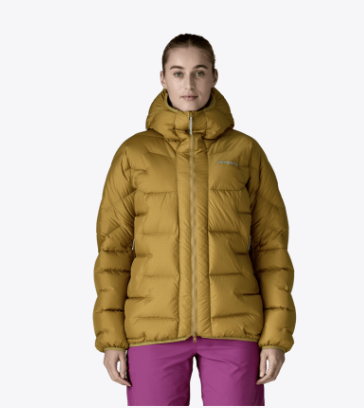 patagonia durable parka in bobcat brown front view on a model