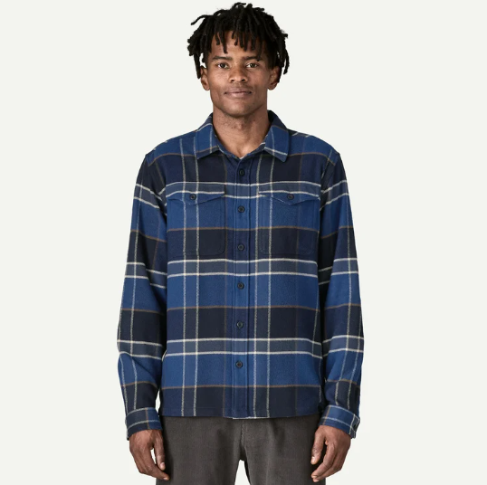 patagonia mens fjord flannel in sunken blue on a model front view