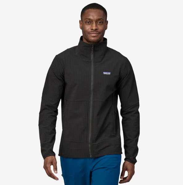 patagonia mens r1 techface jacket in black, front view on a model
