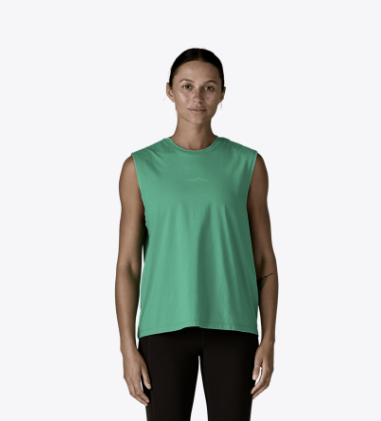 patagonia womens multi pitch tank in aqua stone front view on a model
