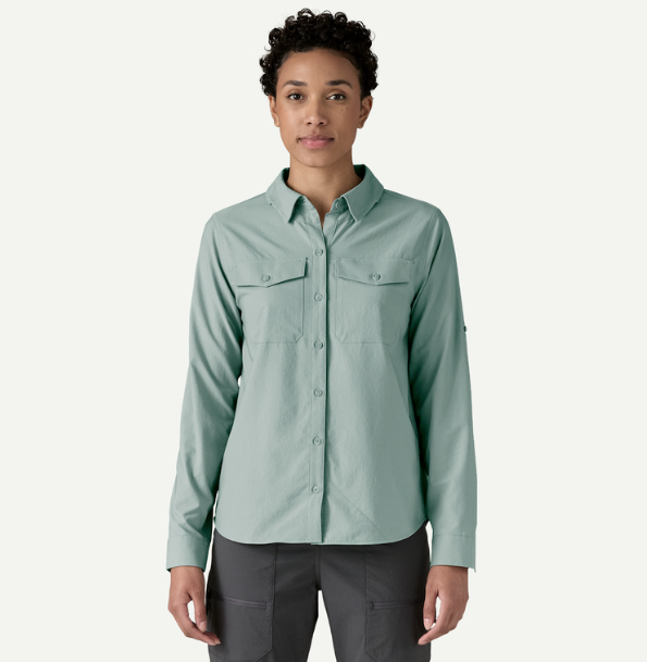 patagonia womens self guided hike shirt in thermal blue front view on a model