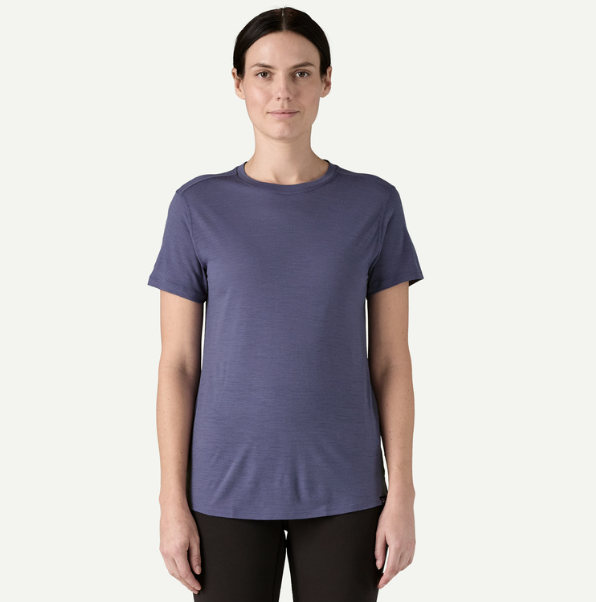 patagonia womens capilene cool merino blend tee shirt solstice purple front view on a model
