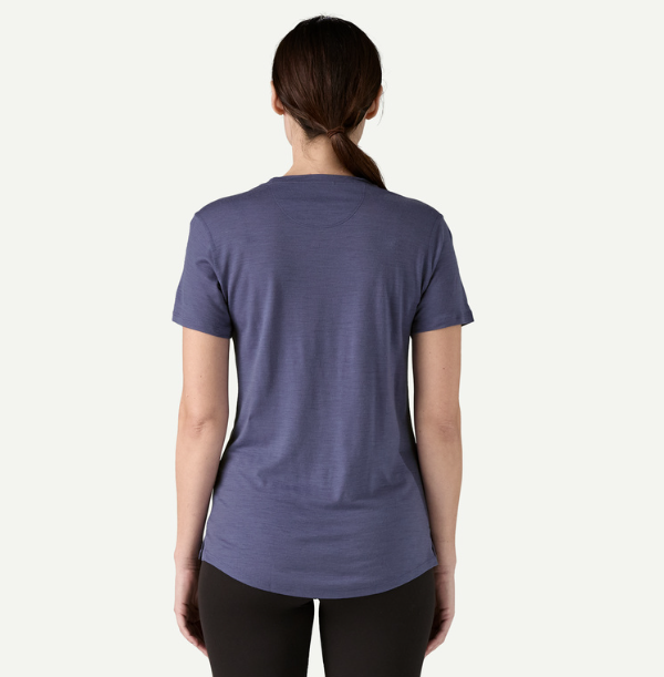 patagonia womens capilene cool merino blend tee shirt solstice purple back view on a model