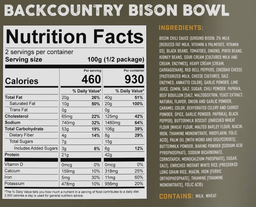 peak refuel backcountrybisonbowl meal, nutrition facts and ingredients