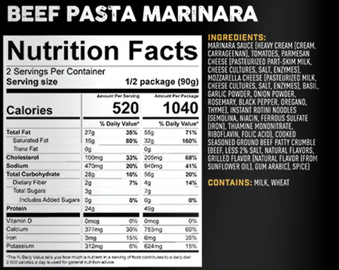 peak refuel beef pasta marinara meal nutrition facts