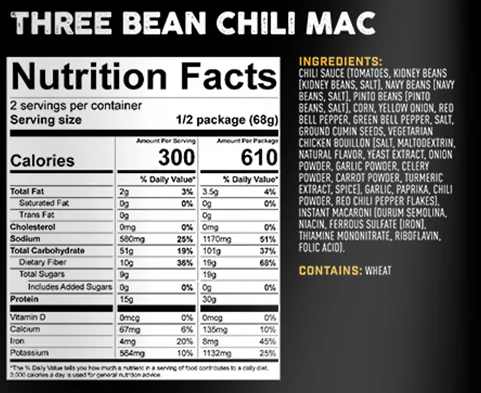 peak refuel three bean chili mac nutrition facts