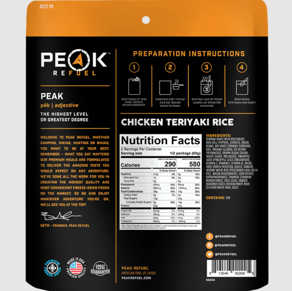 Peak Refuel Chicken Teriyaki Rice package with preparation instructions and nutrition facts on a black background.