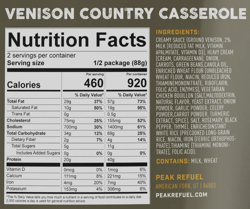 peak venison country casserole nutrition facts