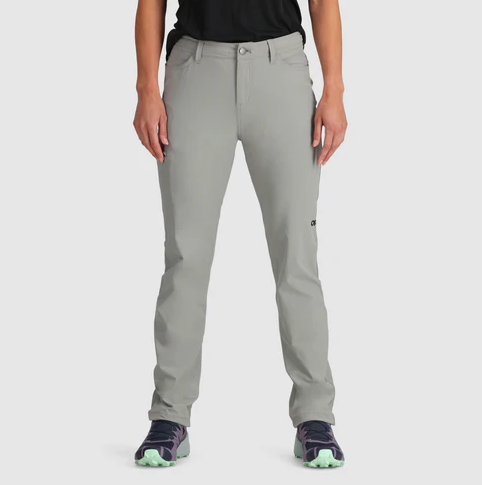 the outdoor research womens ferrosi pants in pewter, front view on a model