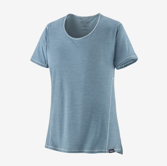 the patagonia womens short sleeve capilene lightweight shirt in the color light plume grey, front view