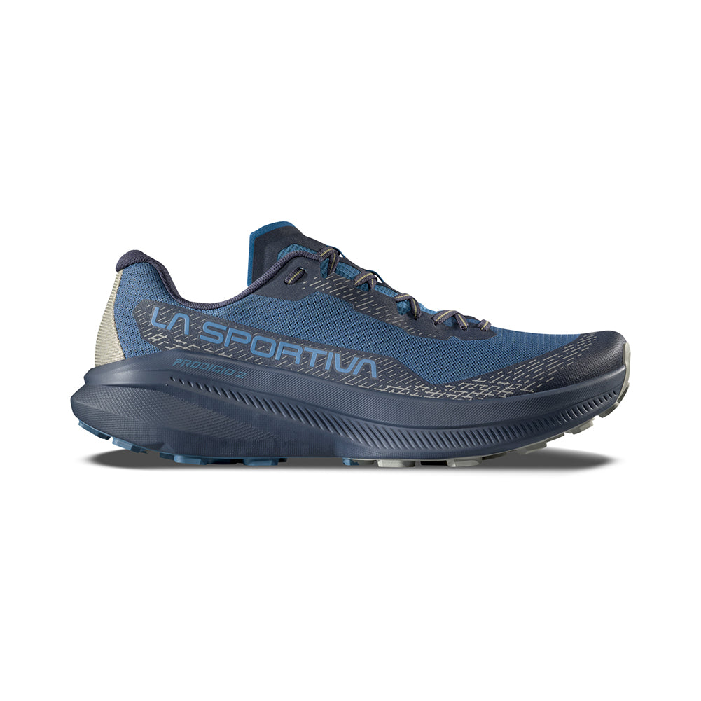 Blue running shoe with La Sportiva branding on a white background